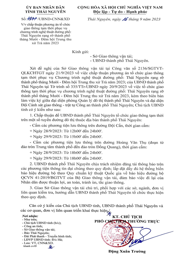Phương án tổ chức giao thông tạm thời phục vụ chương trình Nghệ thuật đường phố: Thái Nguyên rạng rỡ thành phố tháng Mười - Đêm hội Trung thu xứ Trà năm 2023.